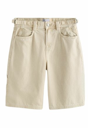 Bézs térd alatti rövidnadrág elöl és oldalt zsebekkel, övbujtatókkal, gombos és cipzáras záródással.