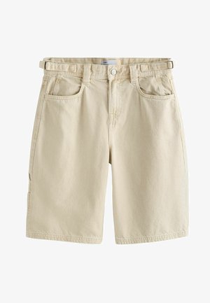 Bézs térd alatti rövidnadrág elöl és oldalt zsebekkel, övbujtatókkal, gombos és cipzáras záródással.