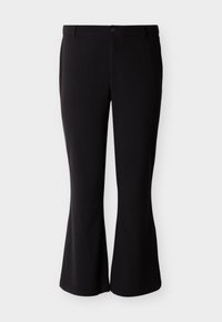 Μαύρο παντελόνι με καμπάνα από απαλό ύφασμα, με εφαρμοστή μέση, μπροστινές τσέπες και κλείσιμο με ένα κουμπί.