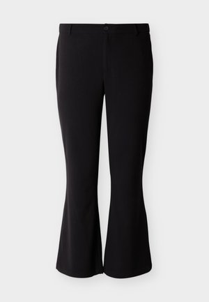 Černé rozšířené kalhoty z hladké látky, s přiléhavým pasem, předními kapsami a zapínáním na jeden knoflík.