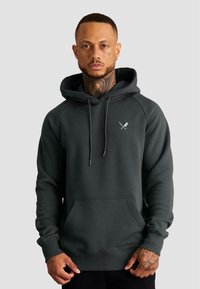 Felpa con cappuccio grigio scuro in miscela di cotone, con tasca frontale, cappuccio regolabile con coulisse e piccolo logo grafico sul petto.