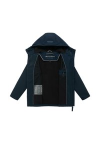 Granatowa kurtka z kapturem z czarną siateczkową podszewką, wewnętrzną kieszenią na zamek oraz logo "MARIKOO" na wewnętrznym kołnierzu.