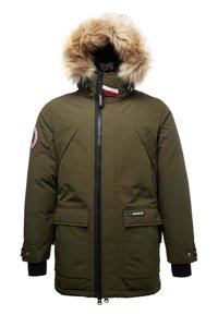 Olive green parka jacket with a faux fur-trimmed hood, front zipper, two large side pockets, and a logo patch on the hem.
