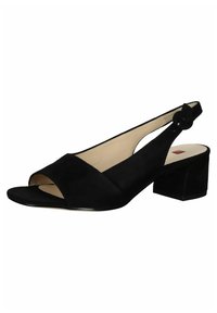 Scarpa slingback in suede nero con punta aperta, dotata di una larga banda anteriore, design curvo e tacco a blocco basso. Include cinturino alla caviglia regolabile.