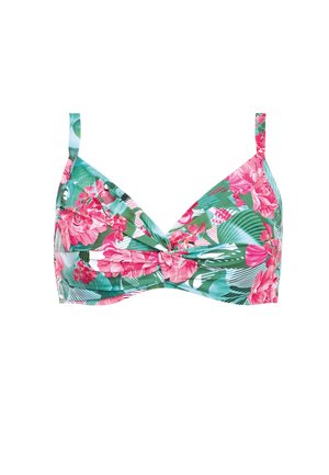 Kwiatowy stanik bikini z zielonym tłem i różowymi oraz fuksjowymi kwiatami, z twistowym przodem, regulowanymi ramiączkami oraz gładkim wykończeniem.