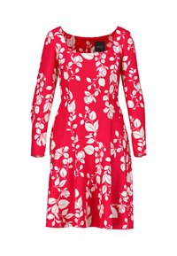 Rotes Kleid mit langen Ärmeln, quadratischem Ausschnitt und tailliertem Oberteil. Verfügt über ein weißes Blumenmuster; glattes Material und ausgestellter Saum.