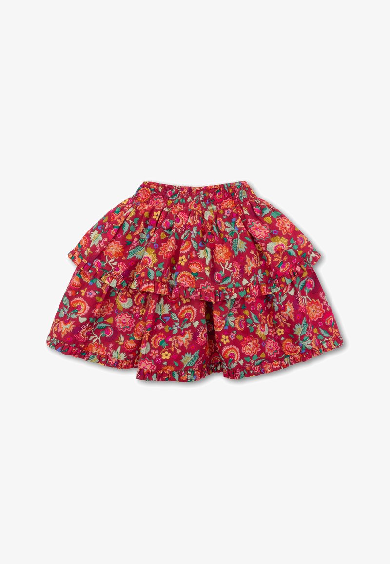 Rode bloemenrok met gelaagde ruches, elastische tailleband, kleurrijke bloempatronen in roze, oranje en groen tegen een heldere achtergrond.
