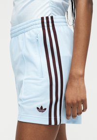 Αθλητικές σορτς σε ανοιχτό μπλε χρώμα με τρεις σκούρες κάθετες ρίγες, πλαϊνή τσέπη με φερμουάρ και λογότυπο trefoil κοντά στο τελείωμα στο ισχίο ενός ατόμου.