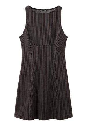 Robe noire sans manches avec fines rayures blanches verticales, encolure ronde, taille cintrée et jupe légèrement évasée.