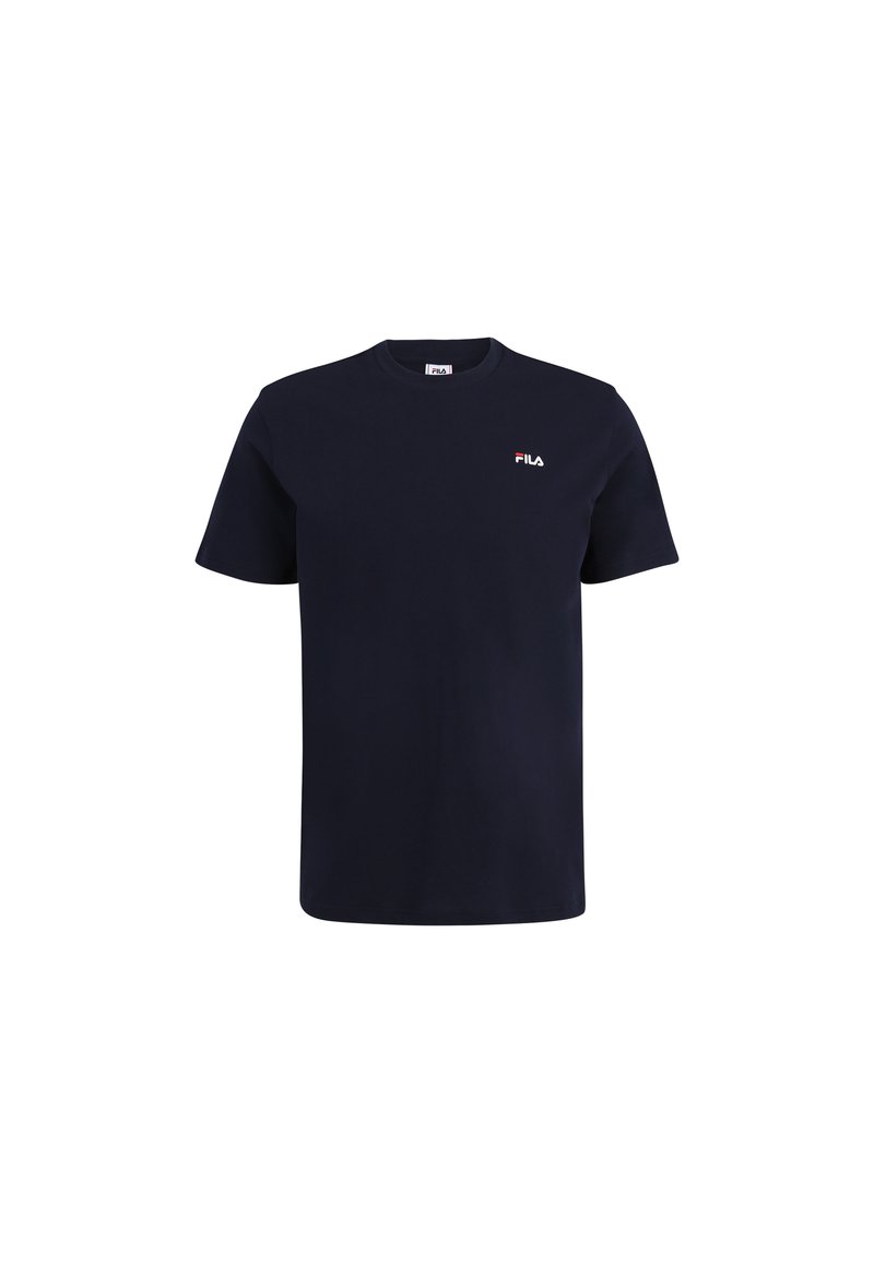T-shirt in cotone blu navy con collo rotondo e maniche corte. Presenta un piccolo logo Fila bianco sul lato sinistro del petto.
