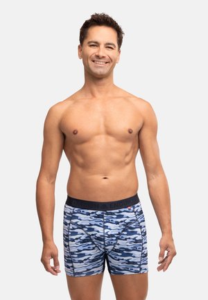 Herre blå camouflage undertøj med sort elastisk talje. Har en tætsiddende design og blød stofstruktur.