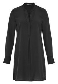 Czarna tunika z długim rękawem i stójką, z przodu z plisą, bocznymi rozcięciami oraz mankietami zapinanymi na guziki. Wykonana z lekkiego, gładkiego materiału.