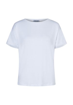 Effen witte T-shirt met korte mouwen en een ronde hals, een ontspannen pasvorm en een zichtbaar "MORE & MORE" merklabel aan de binnenkant van de kraag.