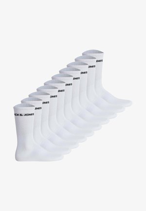 Ten pairs of white crew socks with ribbed cuffs and black "JACK & JONES" text near the top, arranged in a staggered line.
