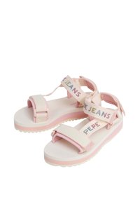 Rosa Sandalen mit strukturierten Sohlen, Stoffriemen mit "PEPE JEANS" in bunten Buchstaben. Verstellbarer Verschluss und klobiges Design.