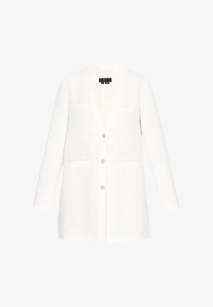 Witte blazer van een gestructureerde, met patroon afgewerkte stof. Heeft een V-hals, lange mouwen, twee voorknopzakken en een zilveren knoopsluiting.