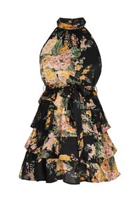 Schwarzes Blumenkleid mit hohem Ausschnitt, verziert mit rosa und gelben Blumen, einem gestuften Rüschendesign und einem gebundenen Gürtel in der Taille.