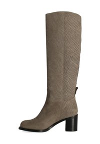 Hoge, gestructureerde lichtbruine nepleer slangenhuid laarzen met een vierkante neus en een stevige zwarte hak. Beschikt over een gladde schacht en een subtiele zijneer.