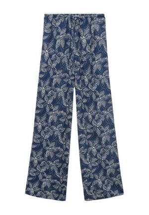 Navy trousers featuring a white floral pattern, with a drawstring waistband and wide-legged design, laid flat on a white background.