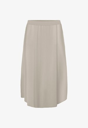 Bézs színű, térd alá érő A-vonalú szoknya, testre szabott derékpánttal és sima anyagból, női alkalmi vagy alkalmi viseletre tervezve.