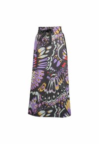 Black skirt featuring a butterfly print in purple, orange, and white. Elastic waistband with a drawstring. Smooth, lightweight fabric.