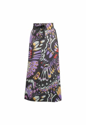 Black skirt featuring a butterfly print in purple, orange, and white. Elastic waistband with a drawstring. Smooth, lightweight fabric.