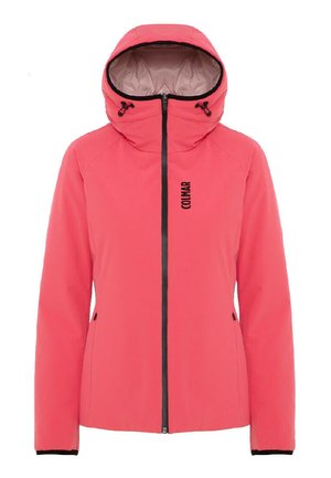 Giacca con cappuccio rosa con dettagli neri, chiusura frontale con zip e logo. Realizzata in materiale leggero e resistente alle intemperie.