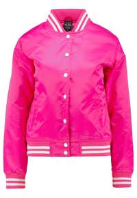 Pink satin bomber jacket with white striped ribbed cuffs and collar, featuring snap-button closure and side pockets.