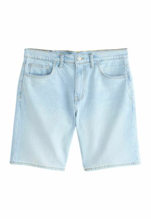 Lyseblå cowboyshorts med frontknap, lynlås, bæltestropper og fem lommer på hvid baggrund.