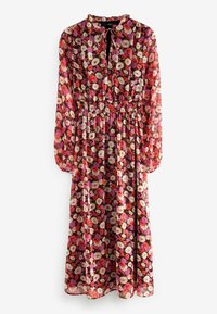 Robe maxi fleurie en tissu léger et transparent ; avec manches longues, col à nouer et taille élastiquée. Couleurs : rose, rouge et crème.