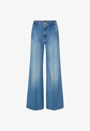 Jasnoniebieskie jeansy o szerokich nogawkach i wysokim stanie, z zapięciem na guzik, dwoma przednimi kieszeniami oraz odcieniem wytartym na całej powierzchni.