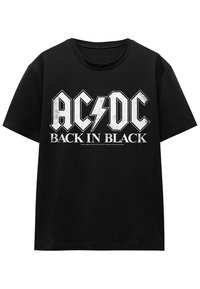 Black cotton t-shirt with short sleeves, featuring a large white graphic text design: "AC/DC BACK IN BLACK" with a lightning bolt accent.