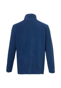 Blauwe fleecejas met een hoge kraag, lange mouwen en een gladde textuur. Geen zichtbaar metaal of patronen aan de achterkant.