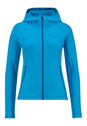 Blaue Fleecejacke mit Reißverschluss vorne, Kapuze und zwei Seitentaschen. Mit kontrastierendem Nähen und tailliertem Design. Weicher Stoff.