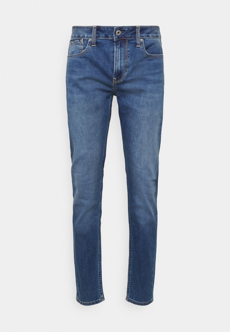 Blauwe slim-fit jeans met vijf zakken, knoop- en ritsluiting, en lichte vervaging op de dijen en knieën.