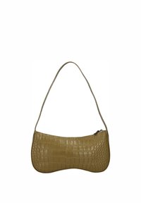 Olivgrüne Tasche aus Kunstkrokodilleder; geschwungenes Design mit einem einzelnen Schulterriemen und Reißverschluss, mit einer strukturierten Musterung.