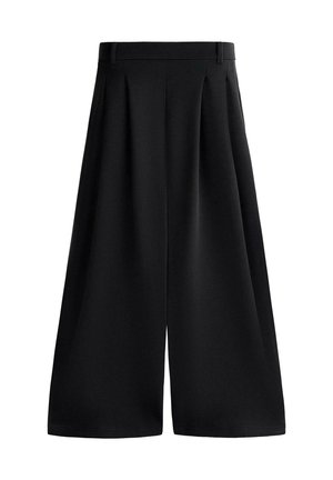 Čierne nohavice s vysokým pásom, širokými nohavicami, pútkami na opasok a prednými záhybmi, navrhnuté pre voľný a plynulý strih.