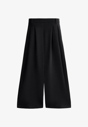 Fekete, magasderekú, bő szárú nadrág övcsíptetőkkel és elöl hajtásokkal, laza és áramló illeszkedéshez tervezve.