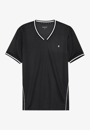 Schwarzes Polyester-Sportshirt mit V-Ausschnitt, kurzen Ärmeln und weißen Akzentstreifen entlang des Kragens und der Seiten. Mit einem Logo auf der Brust.