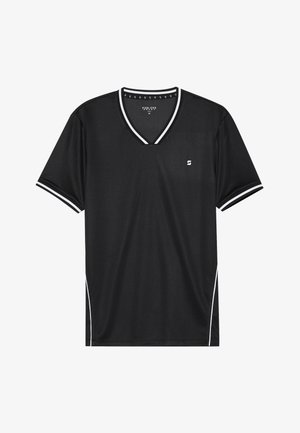 Black polyester sports shirt with a v-neckline, short sleeves, and white accent stripes along the collar and sides. Features a logo on the chest.