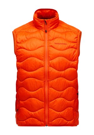 Puffy orange vest with a high collar, featuring a zip front closure and wave-patterned quilted texture. Two zippered side pockets included.