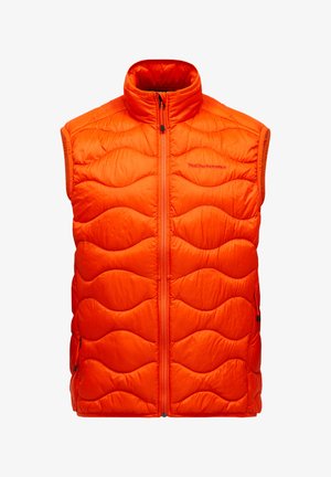 Puffy orange vest with a high collar, featuring a zip front closure and wave-patterned quilted texture. Two zippered side pockets included.
