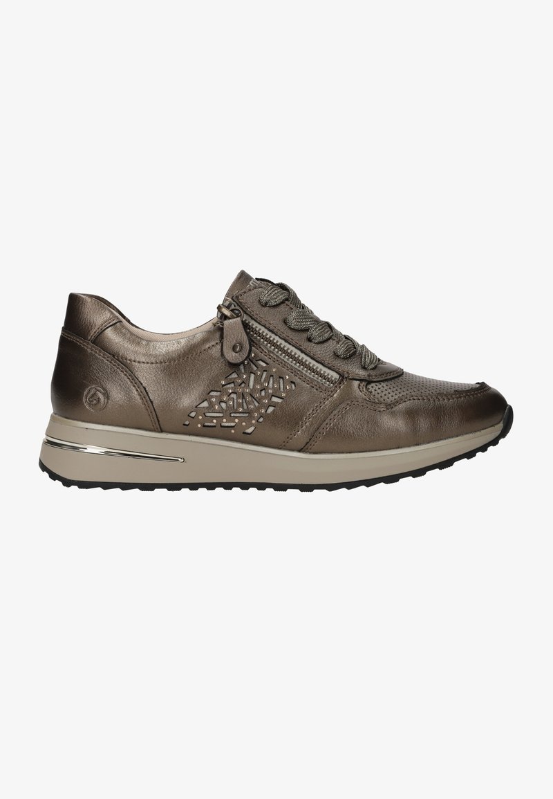 Bronze leather sneakers with textured accents, decorative stitching, lace-up closure, and side zipper detail, featuring a lightweight sole.