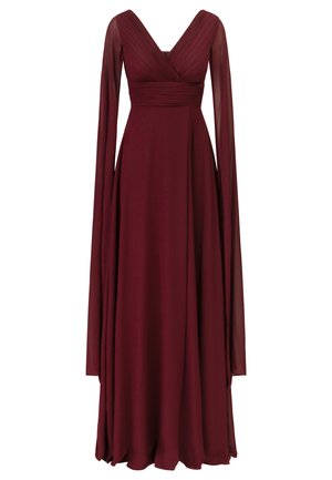 Burgundowa wieczorowa sukienka z długimi, przezroczystymi rękawami, plisowanym koronką i falującą spódnicą, wykonana z miękkiego, lekkiego materiału.