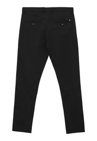 Schwarze Hose mit schmalem Schnitt, aus Stoff gefertigt. Verfügt über zwei Gesäßtaschen mit Knopfverschluss und Gürtelschlaufen. Glatte Textur über das gesamte Material.