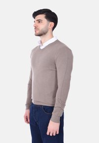 Maglione beige lavorato a maglia con scollatura a V e polsini a coste, indossato da un modello che indossa jeans scuri, mostrato in un profilo laterale.