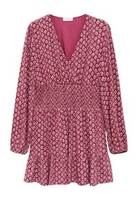 Maroon dress with a floral pattern, v-neckline, long sleeves, smocked waist, and flared hem. Made from lightweight, textured fabric.