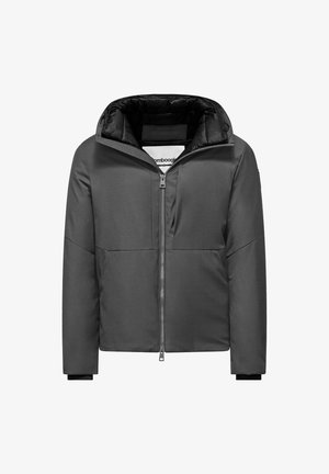 Giacca imbottita grigio scuro con zip frontale, colletto alto e fodera interna nera, esposta su sfondo bianco.