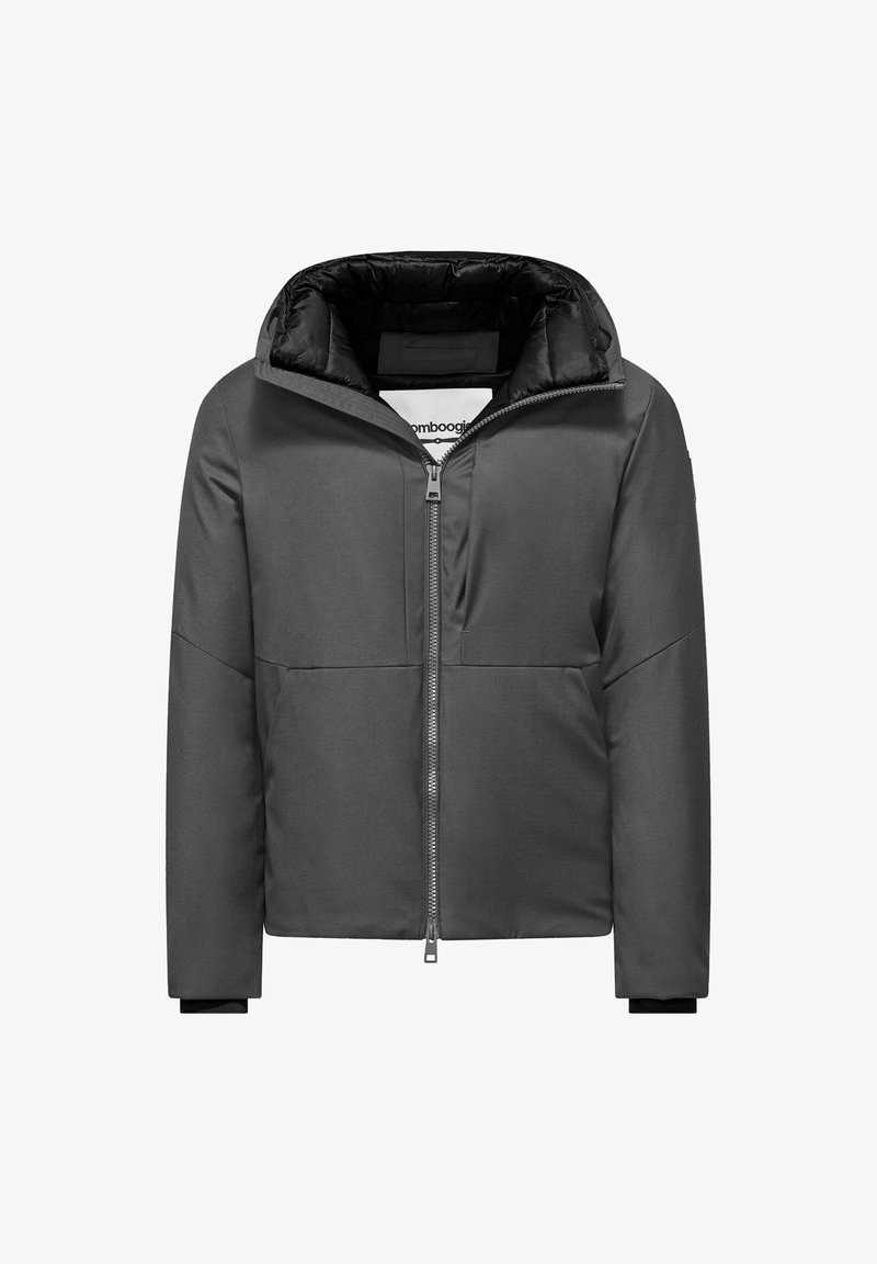 Giacca imbottita grigio scuro con zip frontale, colletto alto e fodera interna nera, esposta su sfondo bianco.