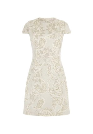 Šaty s krátkým rukávem v jemné smetanové barvě s propracovaným paisley vzorem v tlumené zelené a béžové, s přiléhavým střihem a kulatým výstřihem.